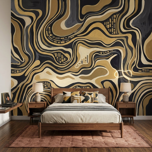 Topographic Wallpaper Black And Gold Luxury Removable Wall Decor