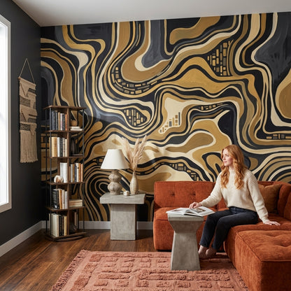 Topographic Wallpaper Black And Gold Luxury Removable Wall Decor