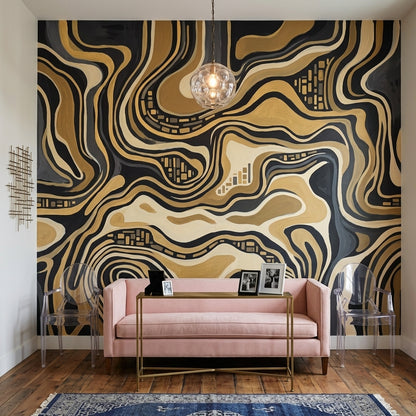 Topographic Wallpaper Black And Gold Luxury Removable Wall Decor