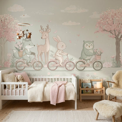 Woodland Animals Wallpaper Bicycles Spring Garden Removable Wall Decor