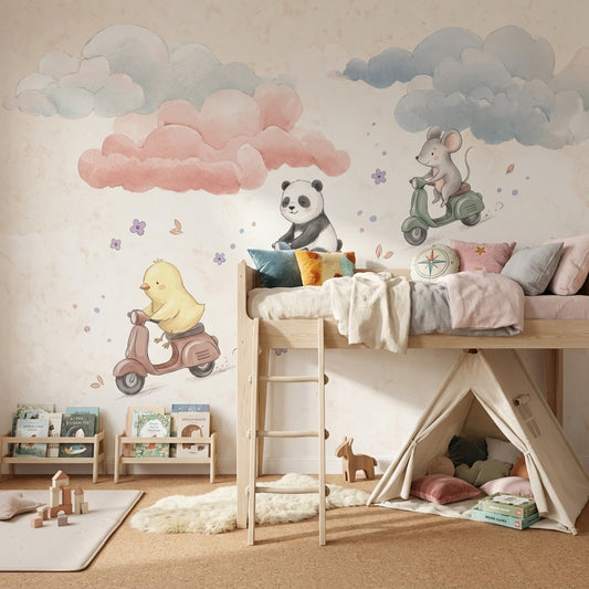 Cute Animals Wallpaper Scooters Removable Pastel Wall Decor
