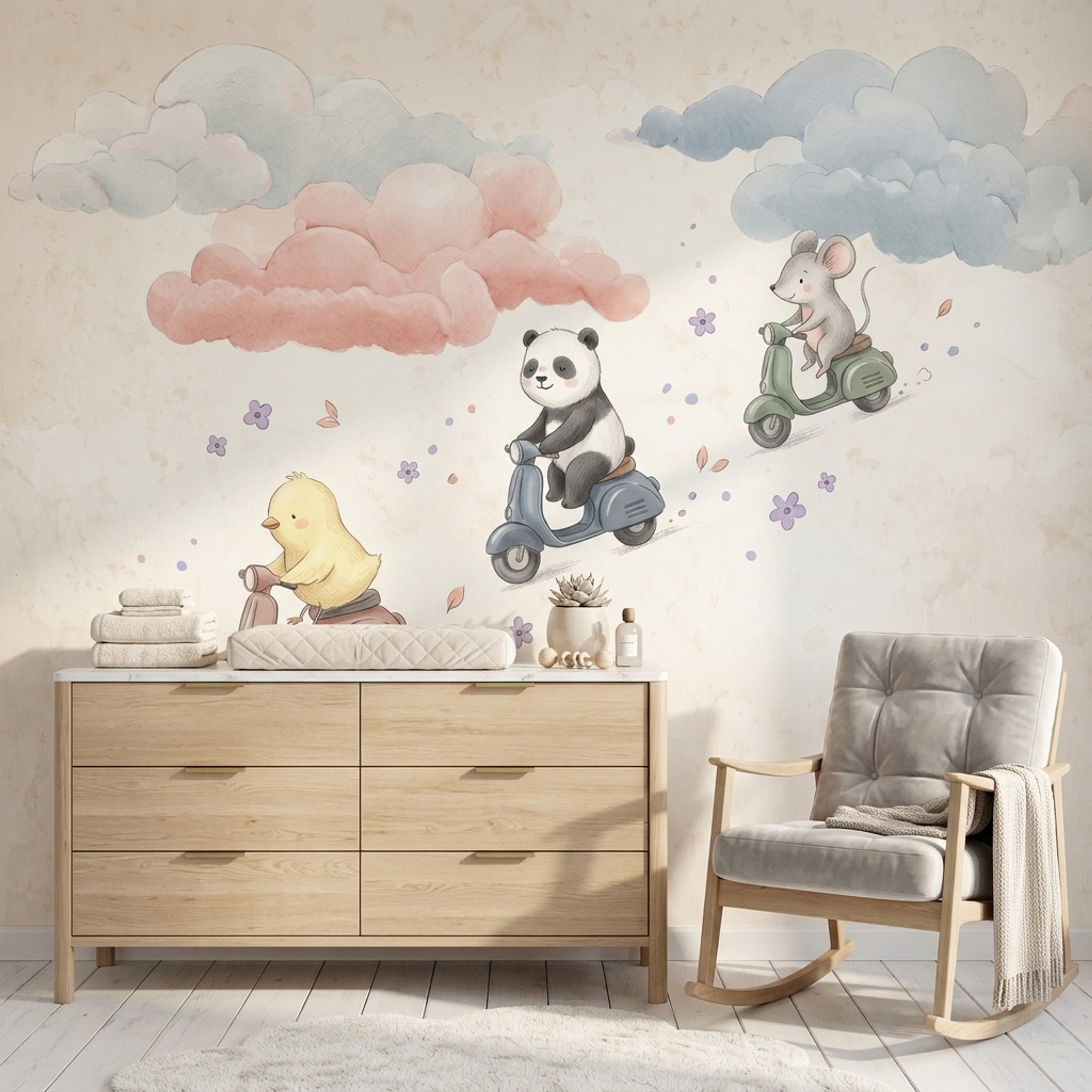 Cute Animals Wallpaper Scooters Removable Pastel Wall Decor