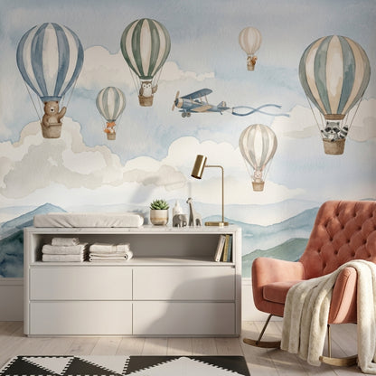 Watercolor Wallpaper Hot Air Balloons Woodland Animals Wall Mural