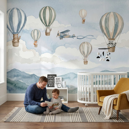Watercolor Wallpaper Hot Air Balloons Woodland Animals Wall Mural
