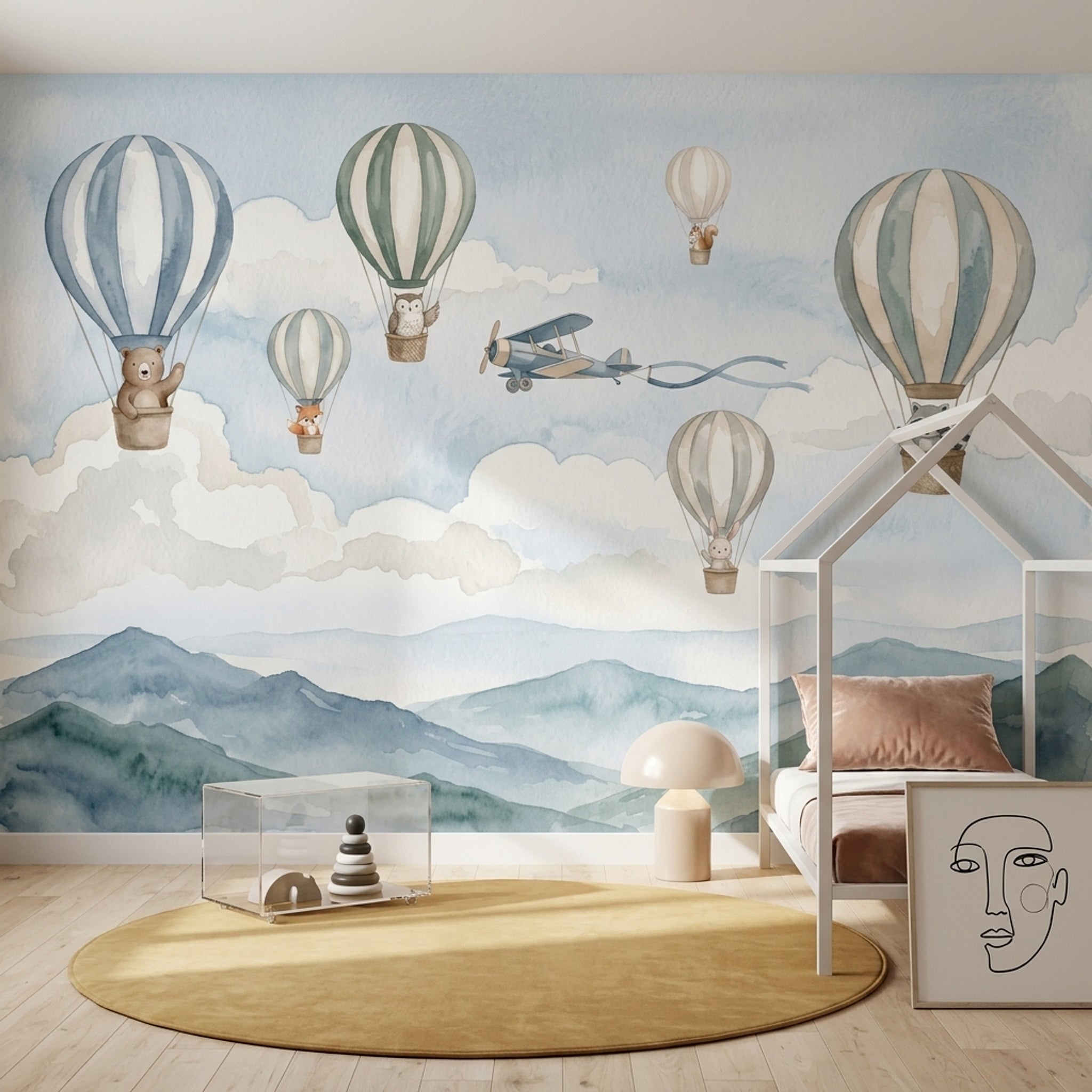 Watercolor Wallpaper Hot Air Balloons Woodland Animals Wall Mural