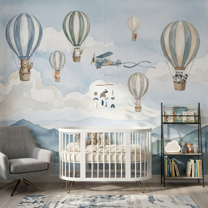 Watercolor Wallpaper Hot Air Balloons Woodland Animals Wall Mural