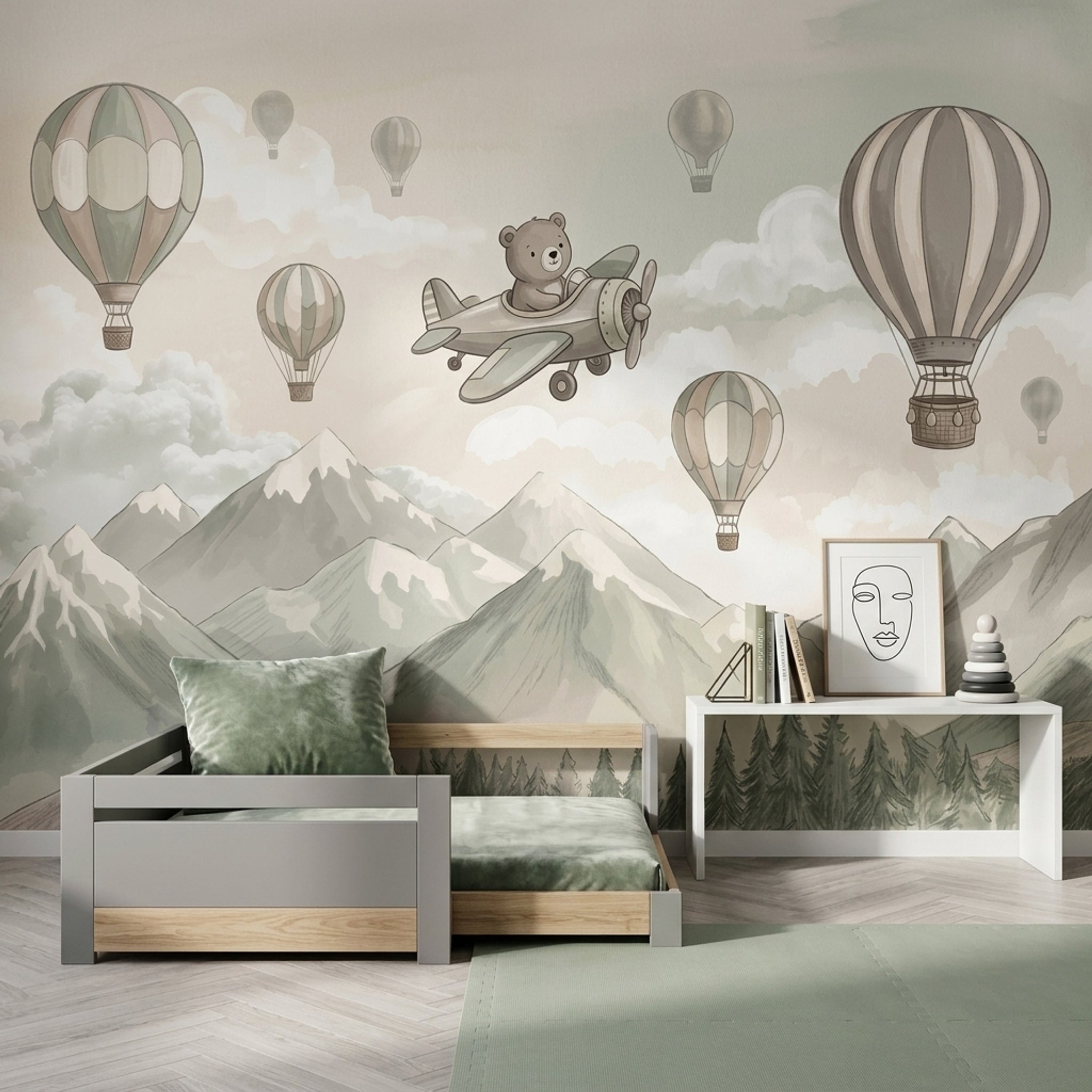 Whimsical Landscape Wallpaper Watercolor Mountains Hot Air Balloons Removable Wall Decor
