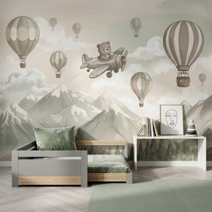 Whimsical Landscape Wallpaper Watercolor Mountains Hot Air Balloons Removable Wall Decor