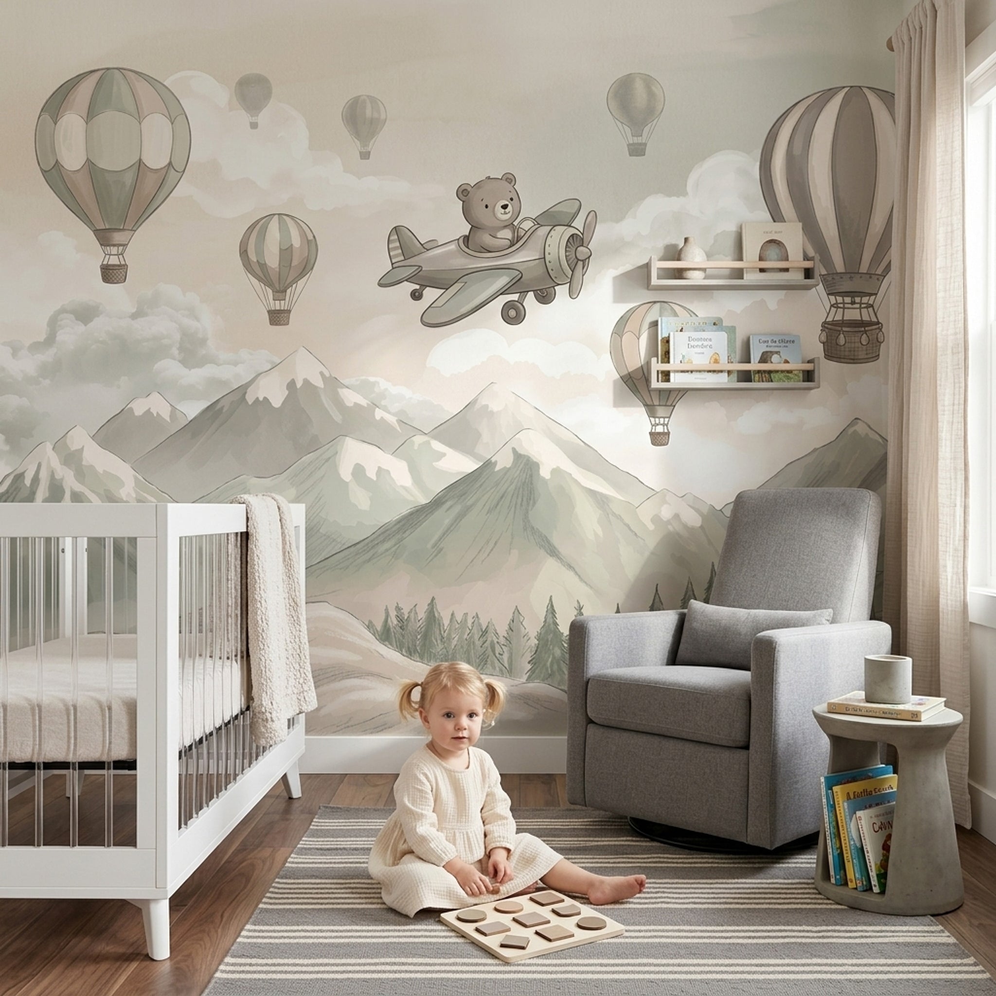 Whimsical Landscape Wallpaper Watercolor Mountains Hot Air Balloons Removable Wall Decor
