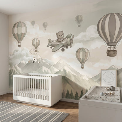 Whimsical Landscape Wallpaper Watercolor Mountains Hot Air Balloons Removable Wall Decor