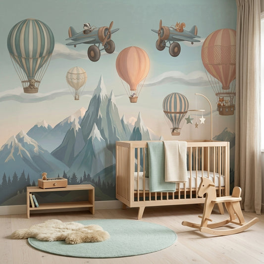 Mountain Landscape Wallpaper Hot Air Balloons Vintage Airplanes Wall Mural