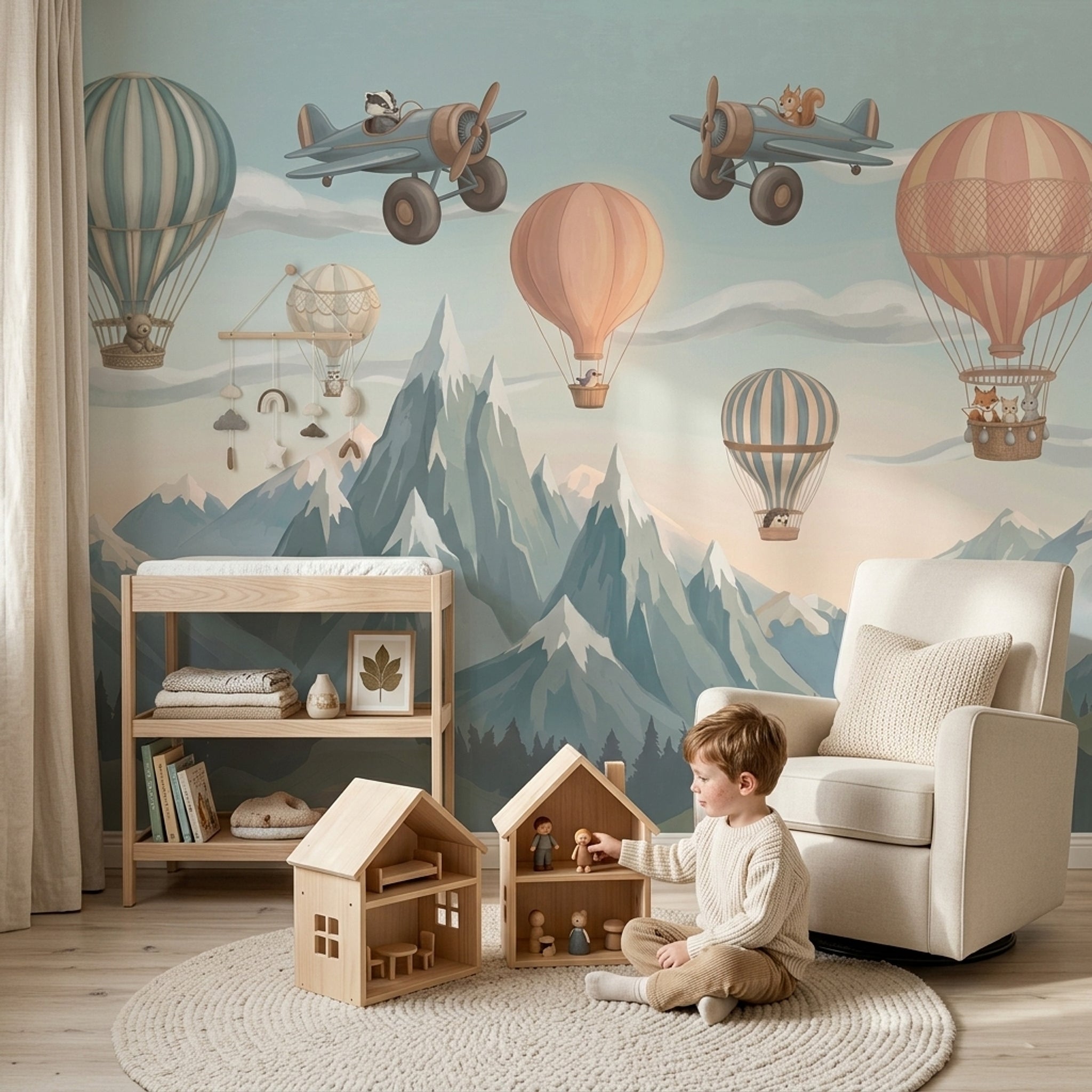 Mountain Landscape Wallpaper Hot Air Balloons Vintage Airplanes Wall Mural