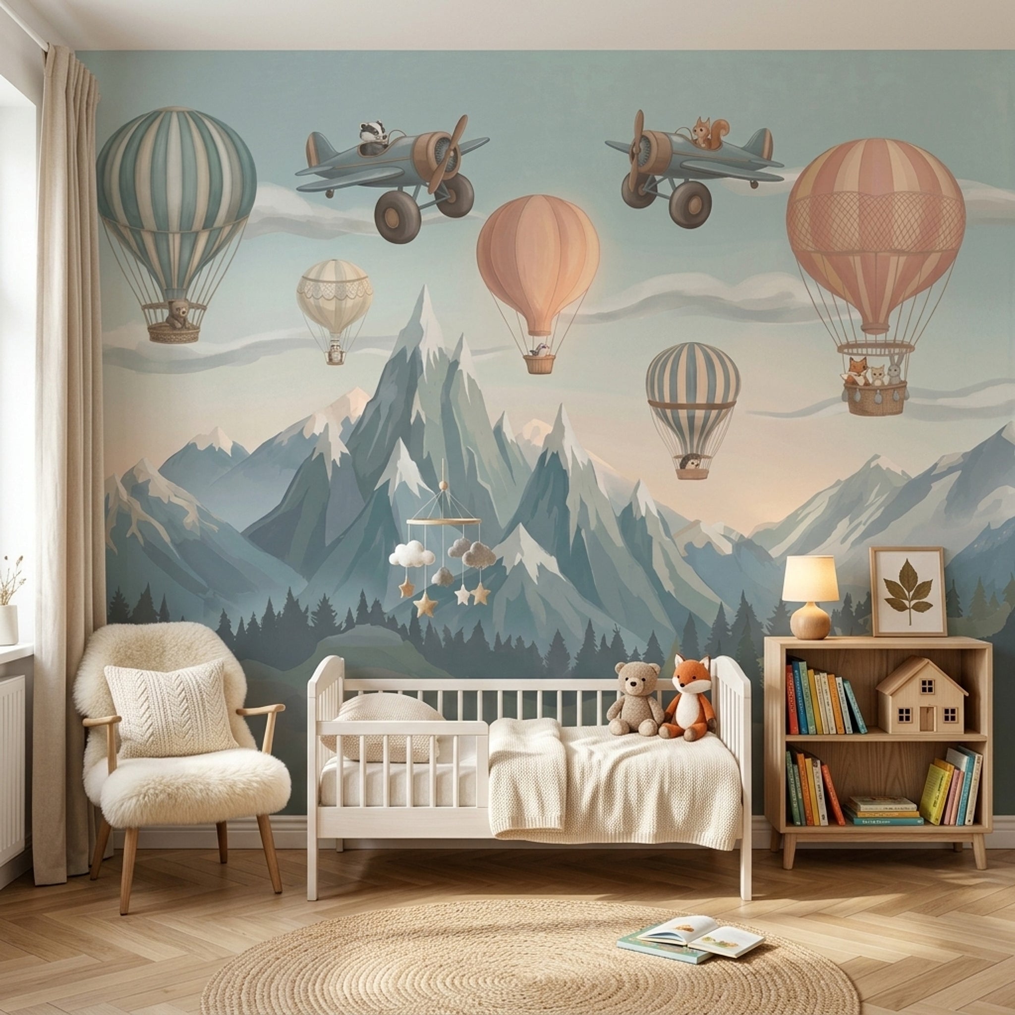 Mountain Landscape Wallpaper Hot Air Balloons Vintage Airplanes Wall Mural