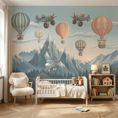 Mountain Landscape Wallpaper Hot Air Balloons Vintage Airplanes Wall Mural