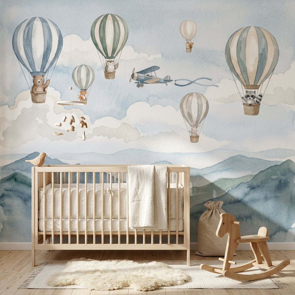 Watercolor Wallpaper Hot Air Balloons Woodland Animals Wall Mural