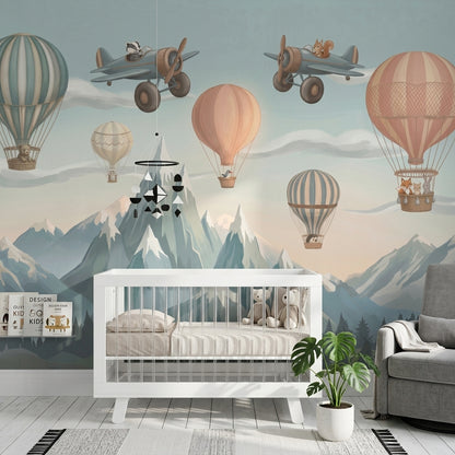Mountain Landscape Wallpaper Hot Air Balloons Vintage Airplanes Wall Mural