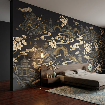 East Asian Landscape Wallpaper Pagodas Removable Gold Accents Wall Decor