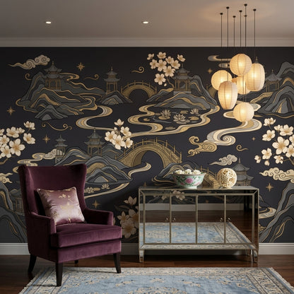 East Asian Landscape Wallpaper Pagodas Removable Gold Accents Wall Decor