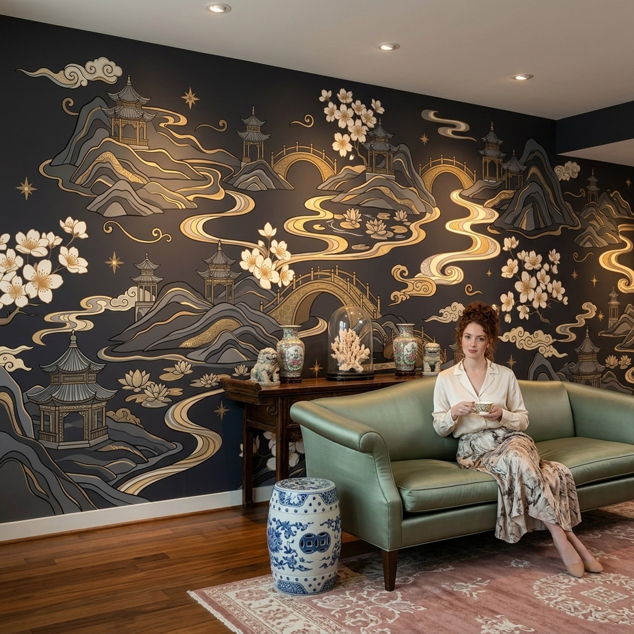 East Asian Landscape Wallpaper Pagodas Removable Gold Accents Wall Decor