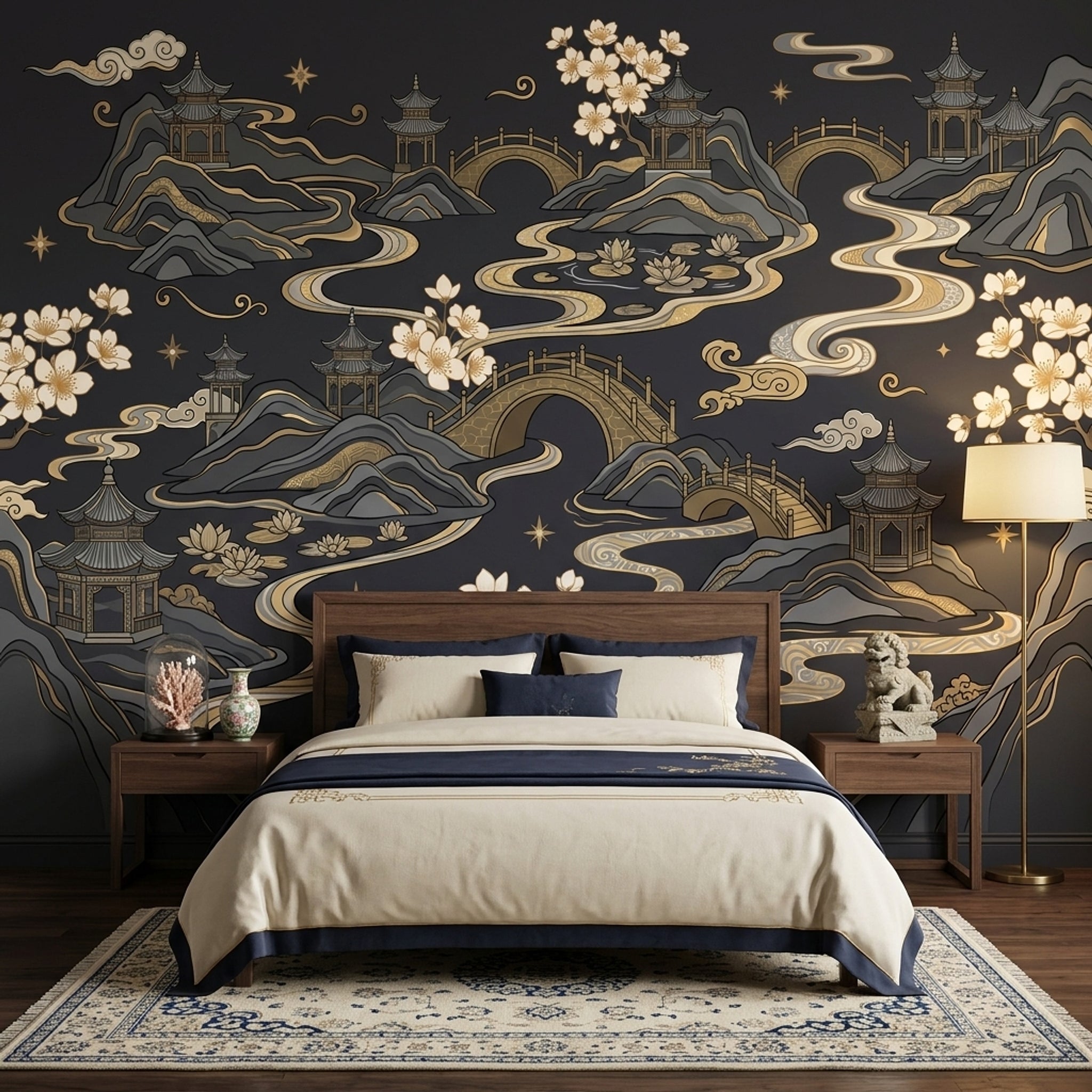 East Asian Landscape Wallpaper Pagodas Removable Gold Accents Wall Decor