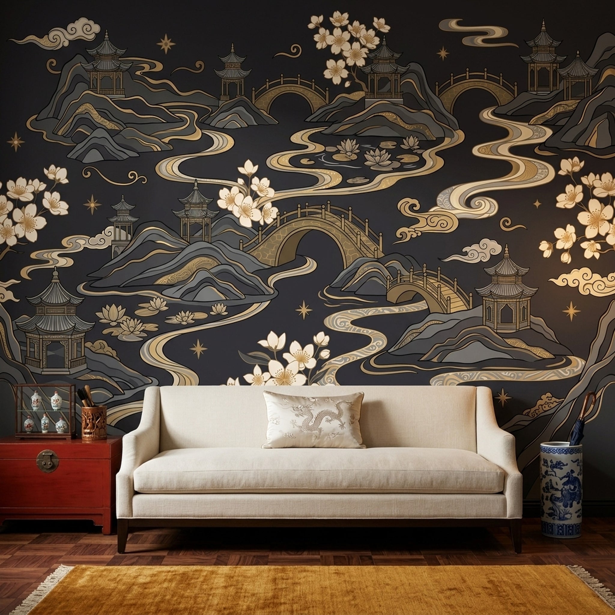 East Asian Landscape Wallpaper Pagodas Removable Gold Accents Wall Decor
