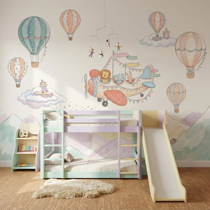 Pastel Watercolor Wallpaper Nursery Hot Air Balloons Wall Mural