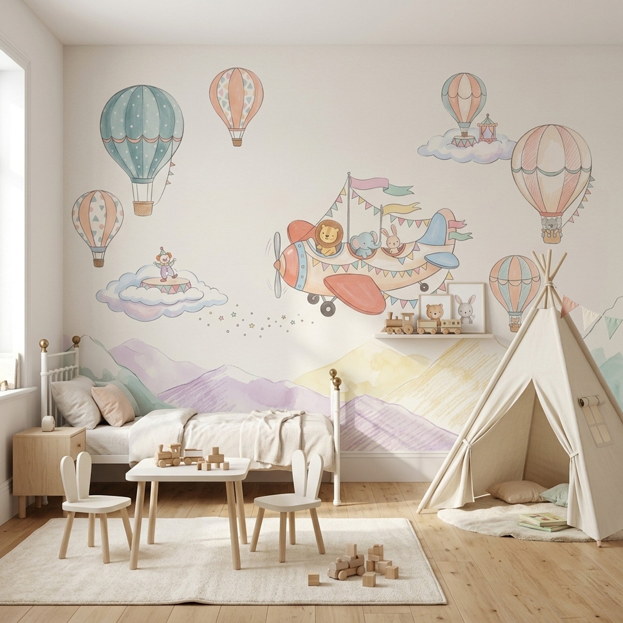 Pastel Watercolor Wallpaper Nursery Hot Air Balloons Wall Mural