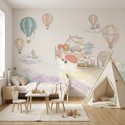 Pastel Watercolor Wallpaper Nursery Hot Air Balloons Wall Mural