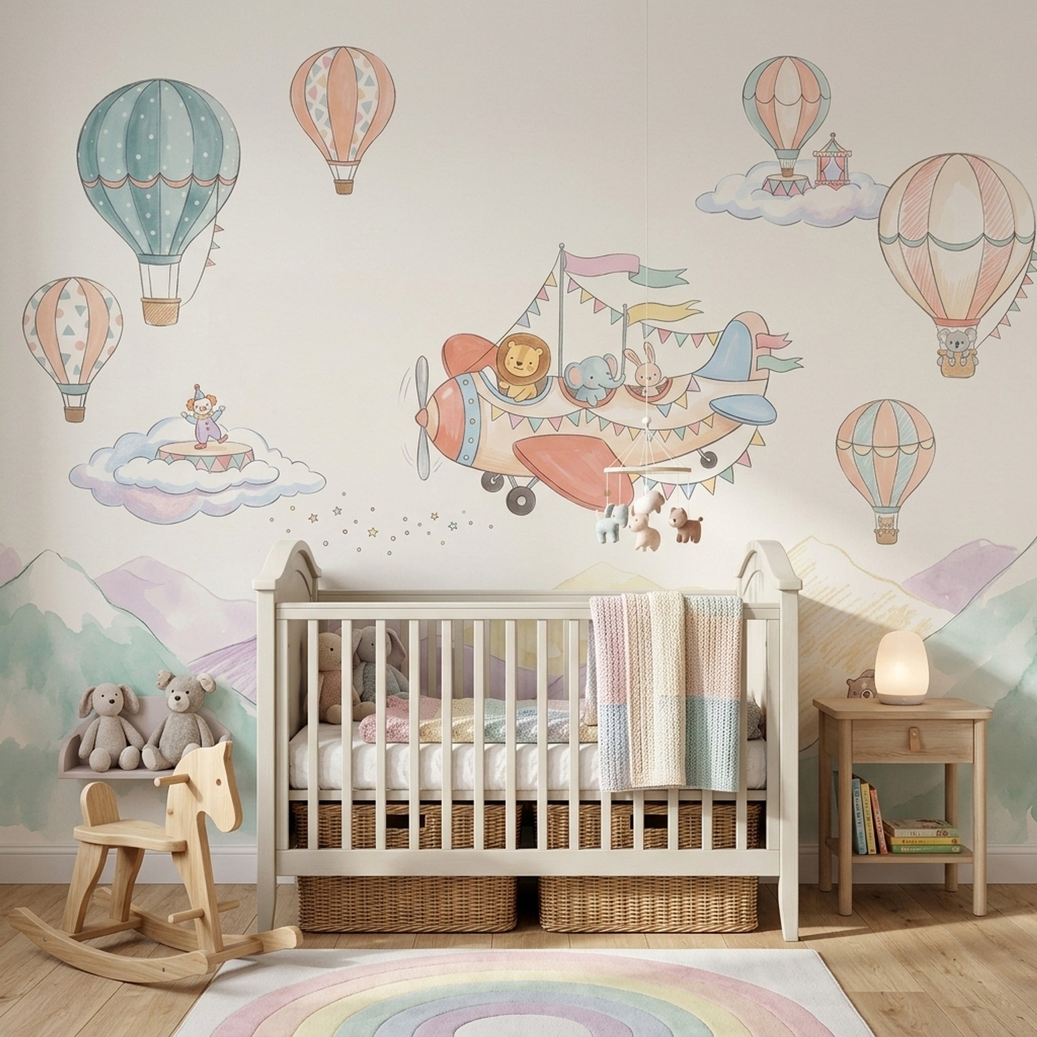 Pastel Watercolor Wallpaper Nursery Hot Air Balloons Wall Mural