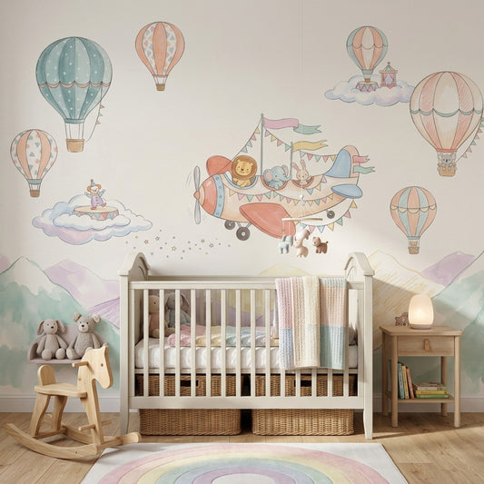 Pastel Watercolor Wallpaper Nursery Hot Air Balloons Wall Mural