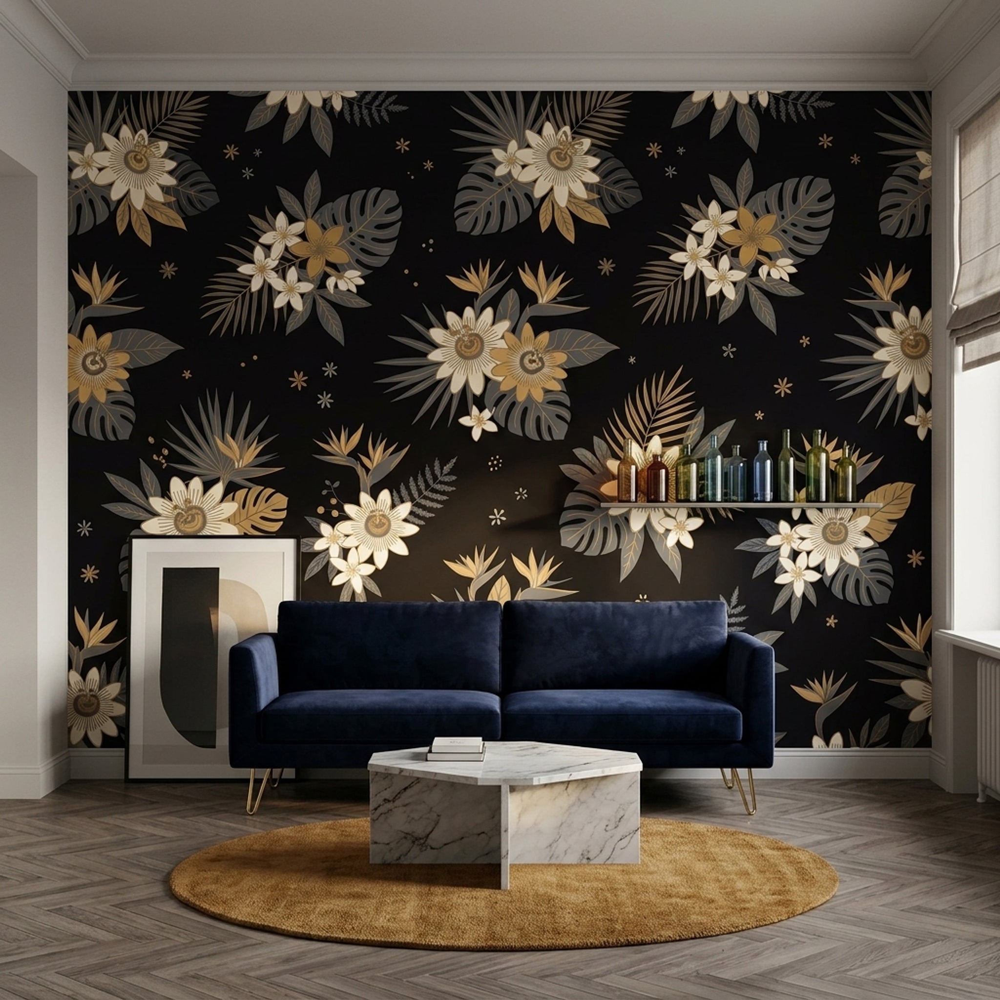 Tropical Floral Wallpaper Monstera Leaves Removable Black Background Wall Decor