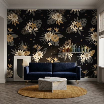Tropical Floral Wallpaper Monstera Leaves Removable Black Background Wall Decor