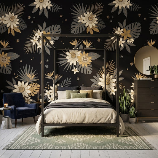 Tropical Floral Wallpaper Monstera Leaves Removable Black Background Wall Decor