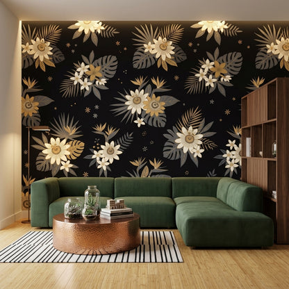 Tropical Floral Wallpaper Monstera Leaves Removable Black Background Wall Decor