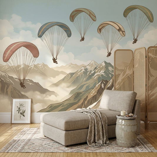 Mountain Landscape Wallpaper Paragliding Vintage Travel Poster Removable Wall Decor