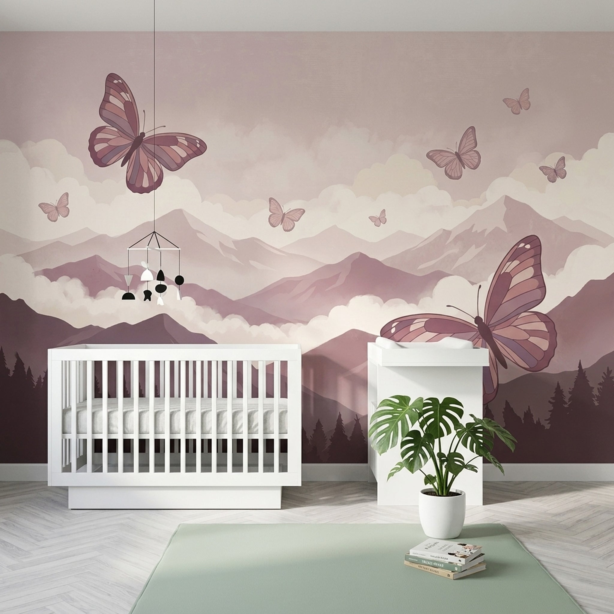 Pastel Mountains Wallpaper Butterflies Misty Clouds Wall Mural