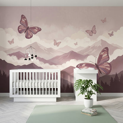 Pastel Mountains Wallpaper Butterflies Misty Clouds Wall Mural