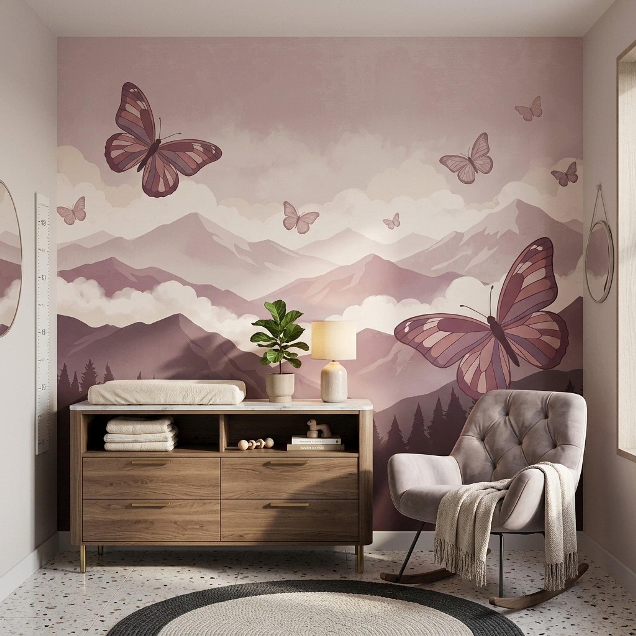 Pastel Mountains Wallpaper Butterflies Misty Clouds Wall Mural
