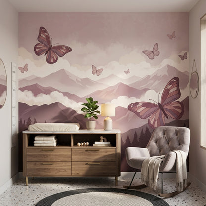 Pastel Mountains Wallpaper Butterflies Misty Clouds Wall Mural