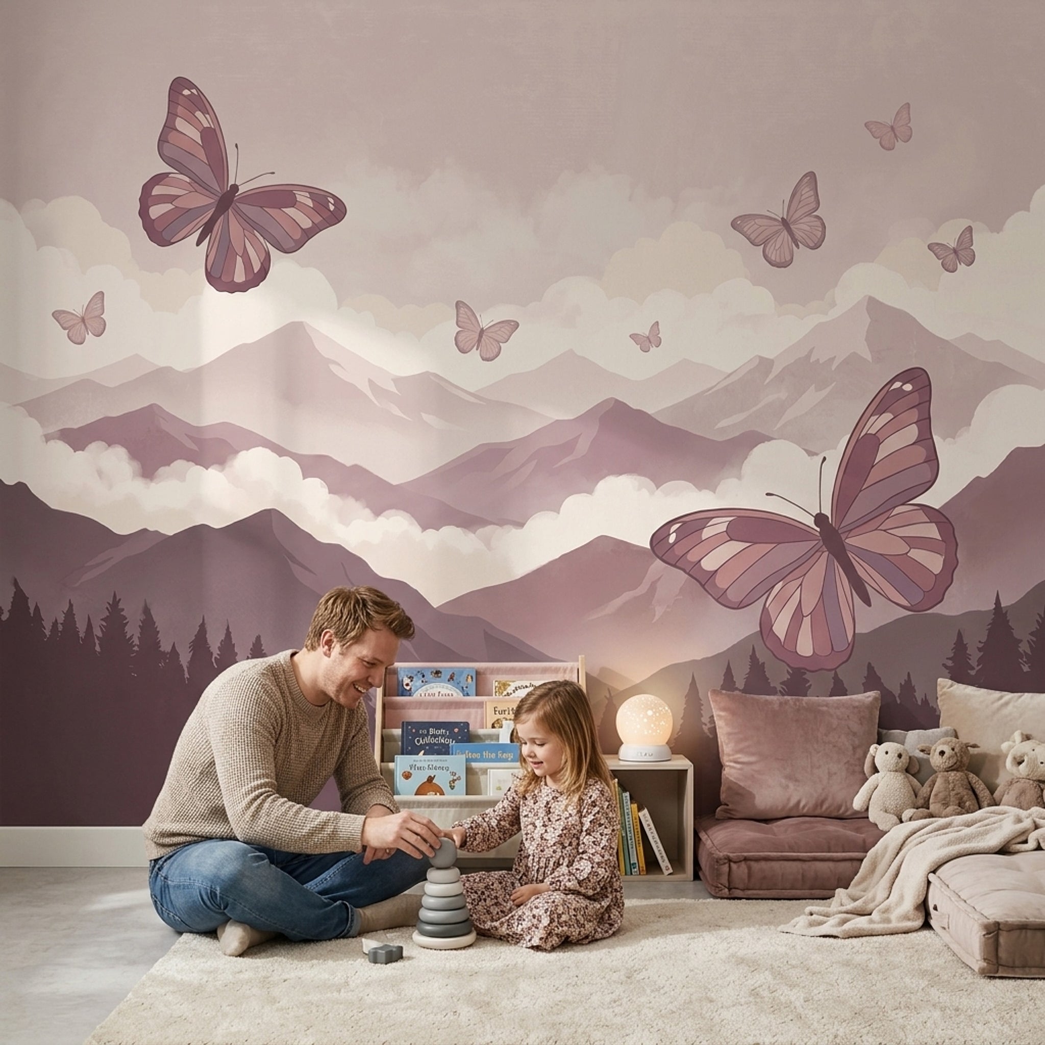 Pastel Mountains Wallpaper Butterflies Misty Clouds Wall Mural