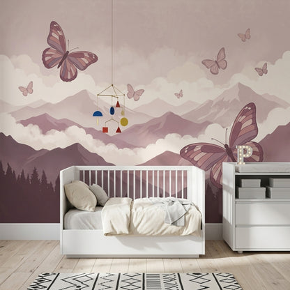 Pastel Mountains Wallpaper Butterflies Misty Clouds Wall Mural