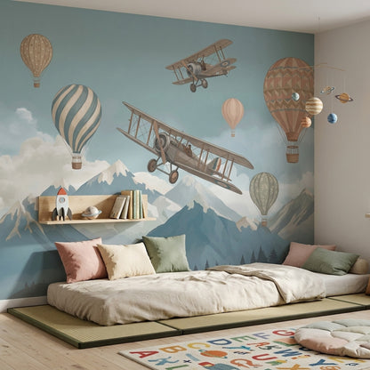 Vintage Biplane Wallpaper Pastel Sky Mountain Landscape Wall Mural