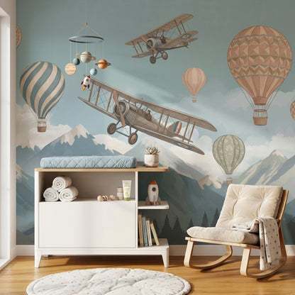 Vintage Biplane Wallpaper Pastel Sky Mountain Landscape Wall Mural