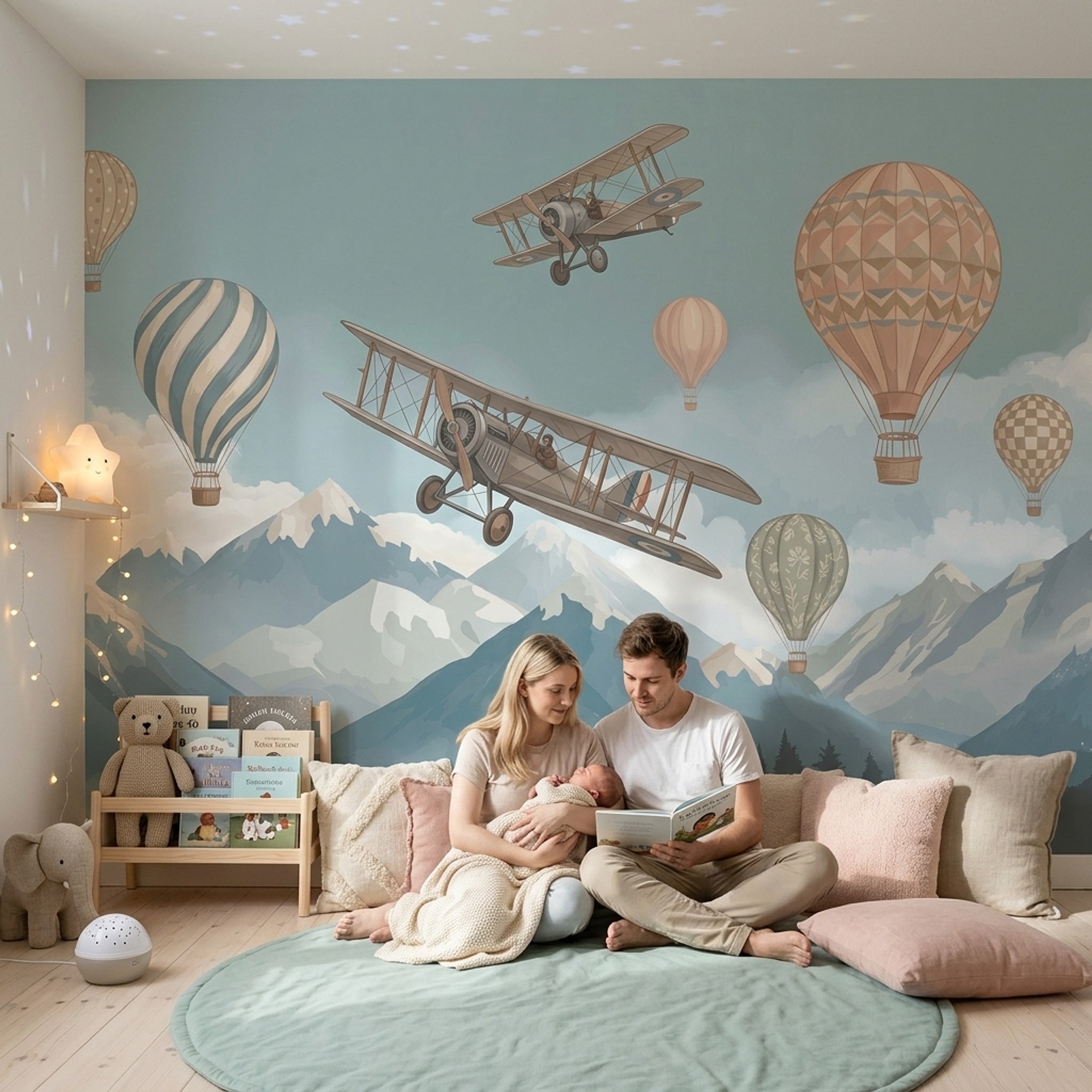 Vintage Biplane Wallpaper Pastel Sky Mountain Landscape Wall Mural
