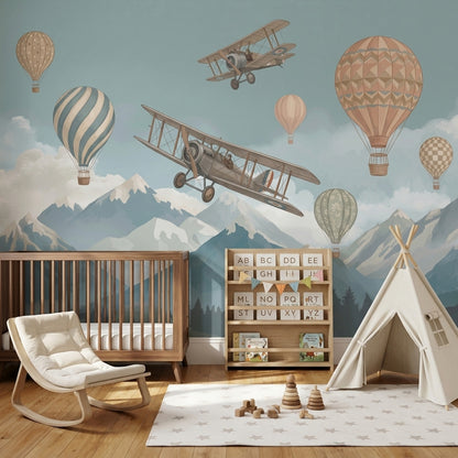 Vintage Biplane Wallpaper Pastel Sky Mountain Landscape Wall Mural
