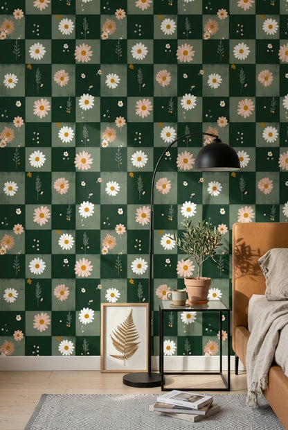 Checkered Wallpaper Daisy Dark Green Decorative Mural