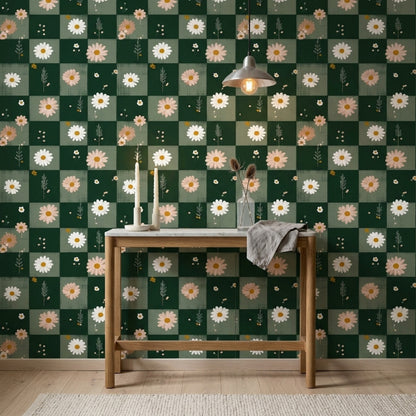 Checkered Wallpaper Daisy Dark Green Decorative Mural