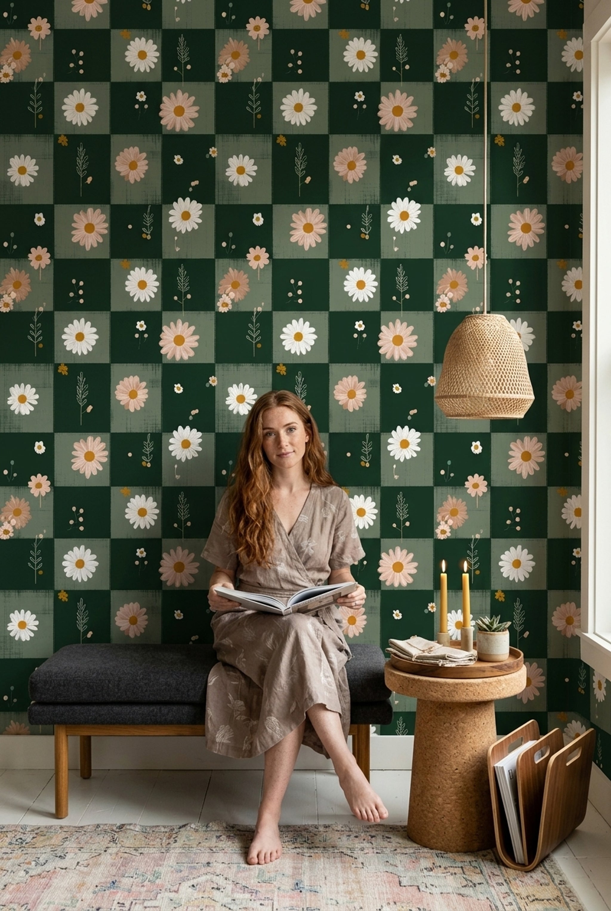 Checkered Wallpaper Daisy Dark Green Decorative Mural