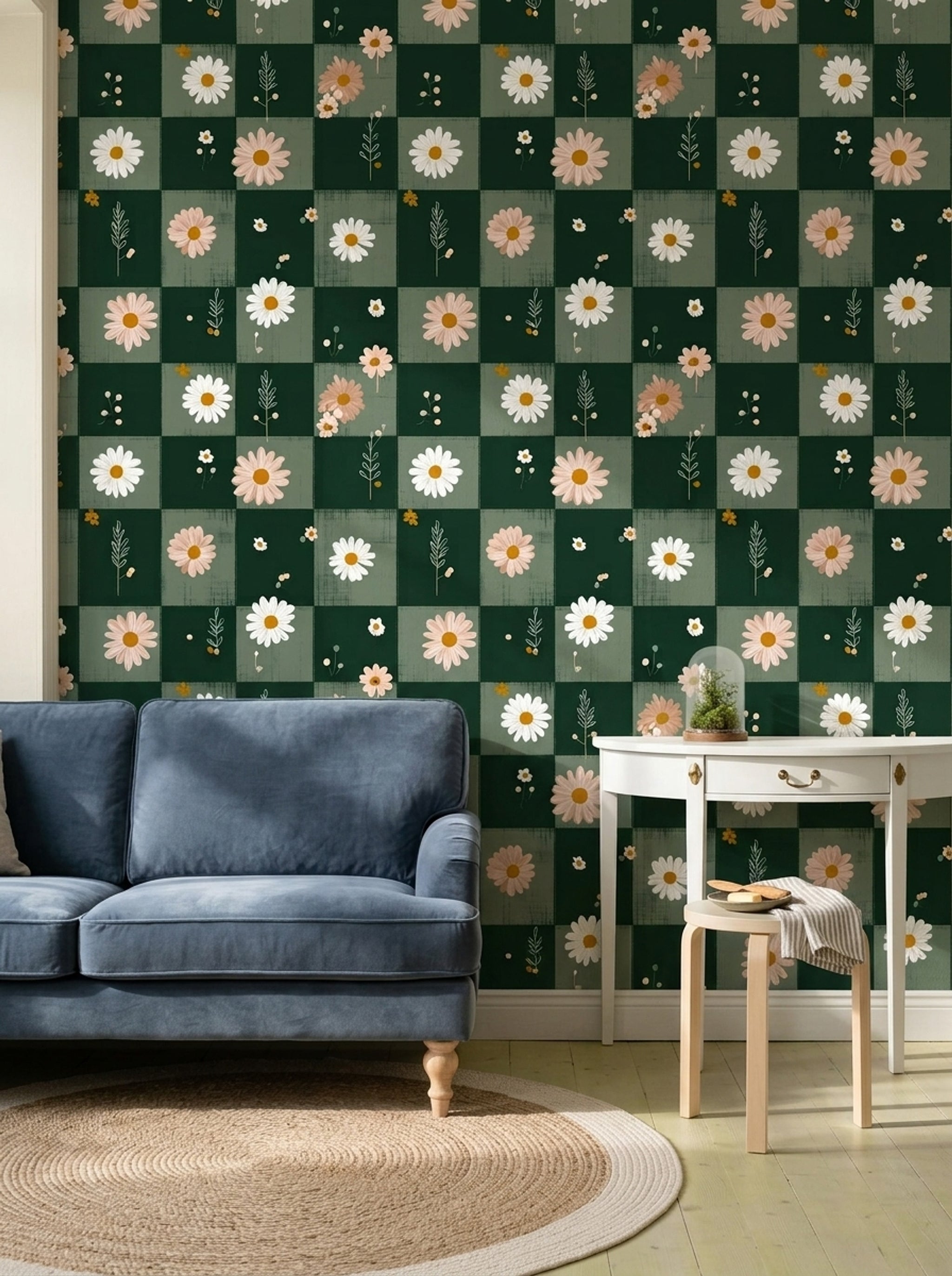 Checkered Wallpaper Daisy Dark Green Decorative Mural