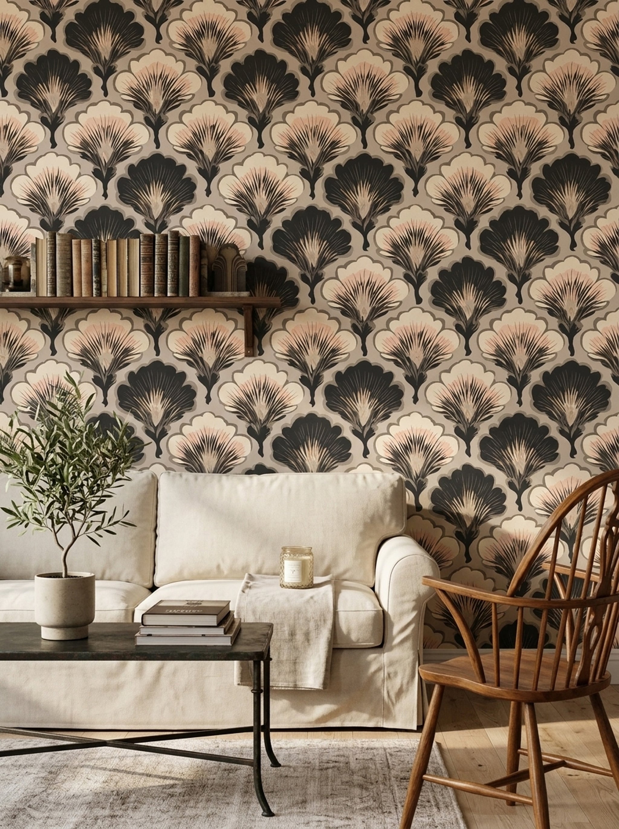 Art Deco Wallpaper Ginkgo Fan Leaves Scalloped Petals Removable Wall Decor